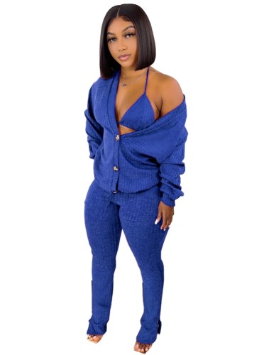 Blue Ribbed Halter Triangle Bra and Pants with Coat 3PCS Set