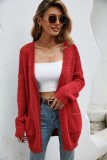 Red Plush Drop Shoulder Cardigans with Pockets