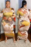 Plus Size Print Turtleneck Long Sleeve Skinny Maxi Dress