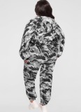 Plus Size Camouflage Print Gray Hoody Top and Pant 2PCS Set