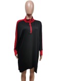 Black Contrast Zipper Collar Batwing Sleeve Wide Mini Dress