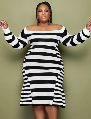 Plus Size Stripes Black Square Neck Mermaid Midi Dress