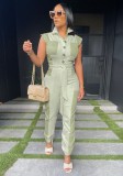 Plus Size Green Contrast Pad Shoulder Button Up Sleeveless Jumpsuit