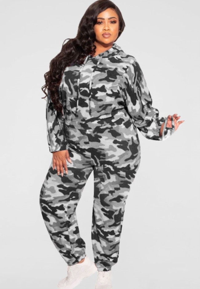 Plus Size Camouflage Print Gray Hoody Top and Pant 2PCS Set