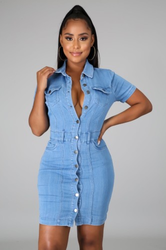 Blue Button Up Turndown Collar Short Sleeve Midi Jeans Dress