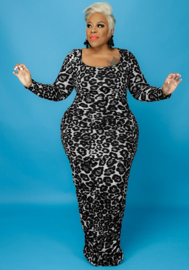 Plus Size Black Leopard Print U-Neck Tight Maxi Dress
