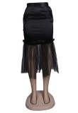 Black Silk Mesh Patck Mermaid Pencil Long Skirt