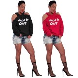 Letter Print Red Cut Out Shoulder Hoody Sweatshirt with Pocket