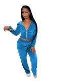 Casual Green Velour Short Zipper Sweatshirts and Loose Sweatpants Set