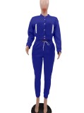 Blue Fleece Snap Button Top and Drawstring Pant 2PCS Set