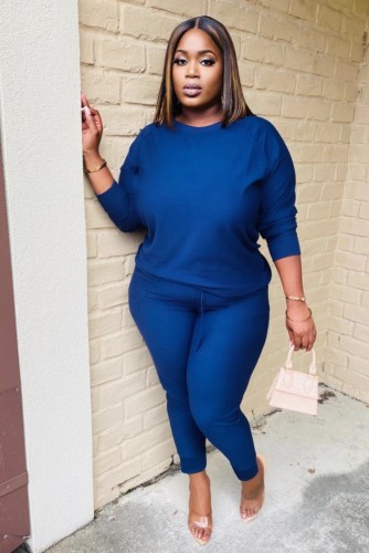 Plus Size Blue Long Sleeve O-Neck Top and Pants 2PCS Set