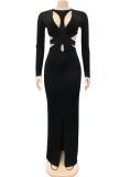 Black  Hollow Out Bandage Front Slit Maxi Dress