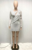 Silver Sequin Cut Out Long Sleeve Mini Cocktail Dress