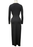 Black Side Slit Keyhole O-Neck High Cut Maxi Dress