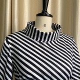 Plus Size Stripes Flare Sleeve Stand Collar Long Pleated Dress with Belt