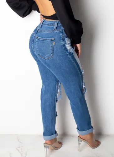 Blue Knee-exposed Ripped Jeans