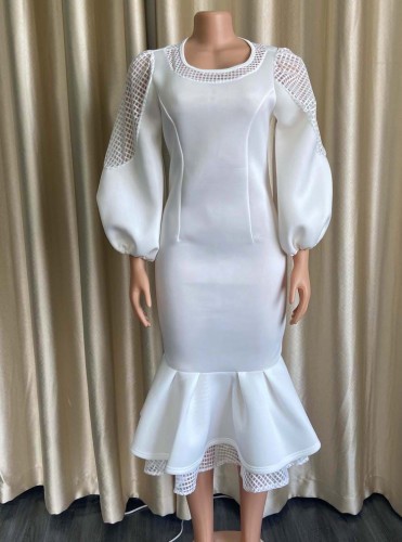 White Silk Puff Long Sleeve O-Neck Mermaid Long Dress