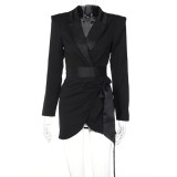Black Deep-V Pad Shoulder Wrap Mini Blazer Dress