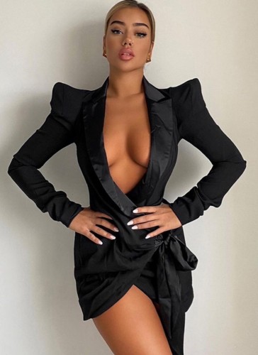 Black Deep-V Pad Shoulder Wrap Mini Blazer Dress