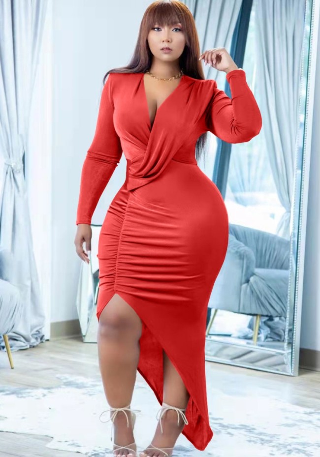 Red V-Neck Long Sleeves Irregular Ruched Long Dress