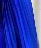 Plus Size Blue Pleated Long Sleeve O-Neck Bodycon Dress