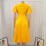 Yellow V-Neck Short Sleeve Pleated Office Dress with Belt
