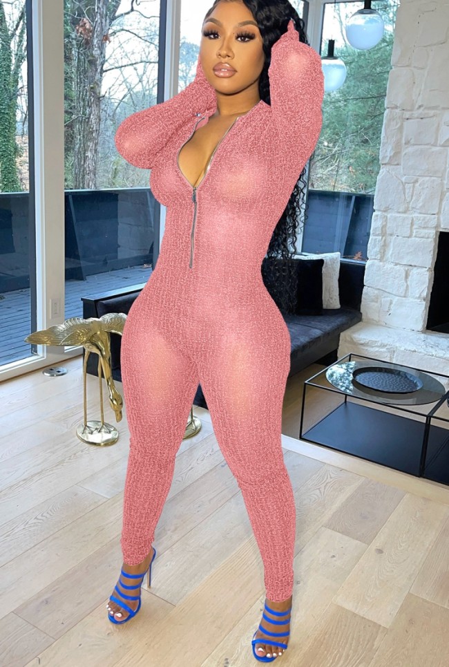 Pink Zipped Up Long Sleeve Slim Fit Jumpsuit