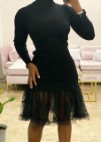 Black Knit Fishtail Mesh Patch High Neck Midi Dress