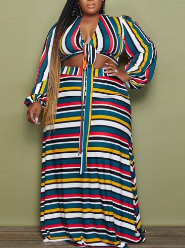 Plus Size Multi Stripe Print Tie Crop Top and Maxi Dress 2PCS Set
