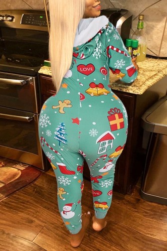 Plus Size Christmas Pajama Print Green Zip Up Sheath Hoody Jumpsuit