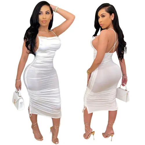 White Cross Back Straps Ruched Midi Sexy Dress