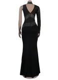 Black Sequins One Shoulder High Neck Tight Long Evening Dress