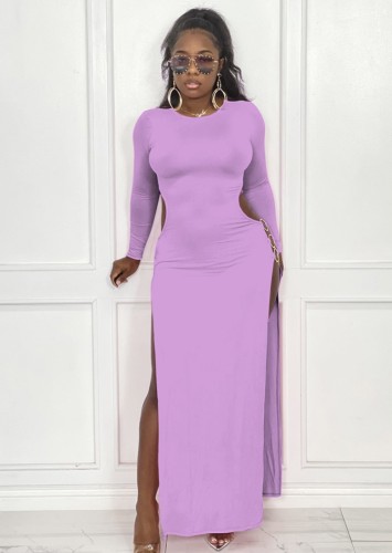 Purple Side Slit Keyhole O-Neck High Cut Maxi Dress