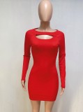 Red Keyhole O-Neck Long Sleeve Mini Dress