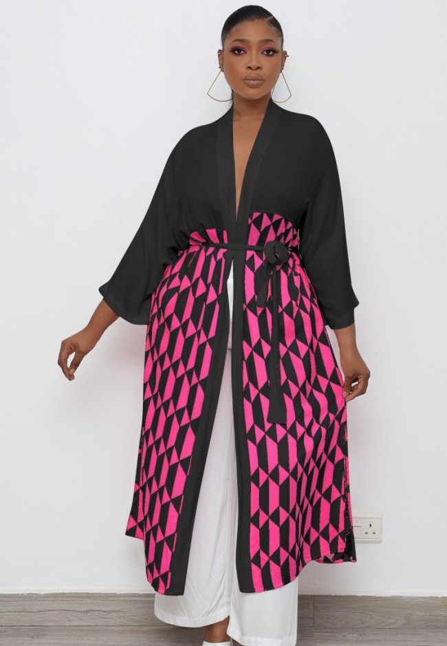 Black Geommetric Print Long Sleeve Long Cardigans with Belt