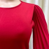 Plus Size Red Pleated Long Sleeve O-Neck Bodycon Dress