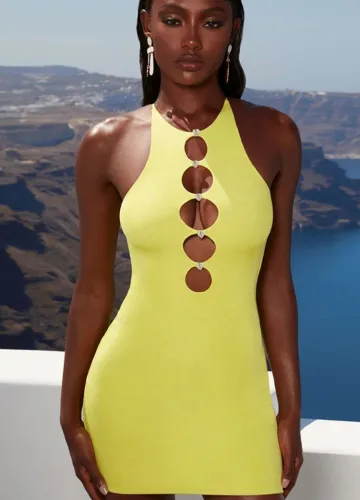 Yellow Keyhole Sleeveless Round Neck Mini Dress