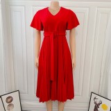 Red V-Neck Short Sleeve Pleated Office Dress with Belt