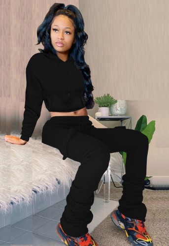 Black Long Sleeve Hoody Crop Top and Pants 2PCS Set