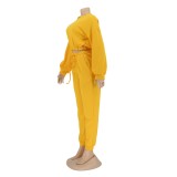 Yellow O-Neck Drop Shoulder Crop Top and Sweatpants 2PCS Set