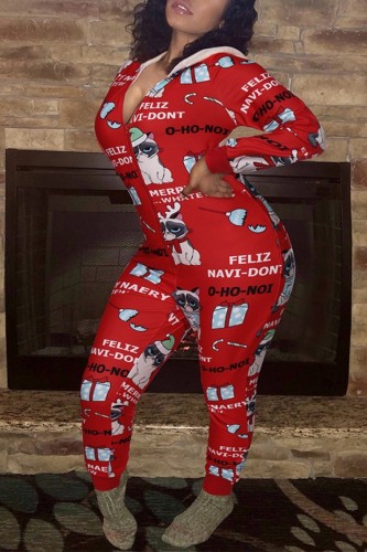 Plus Size Christmas Pajama Print Red Zip Up Sheath Hoody Jumpsuit