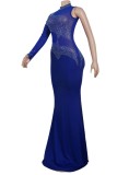 Blue Sequins One Shoulder High Neck Tight Long Evening Dress
