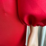 Red Silk Puff Long Sleeve O-Neck Mermaid Long Dress