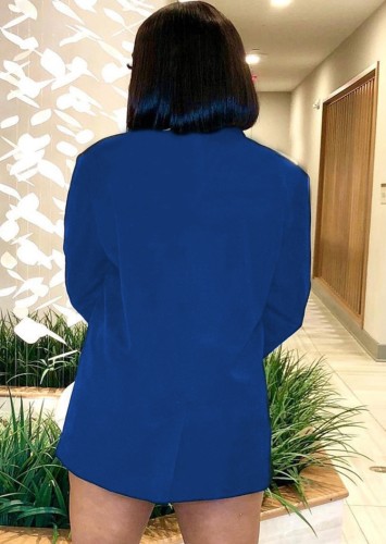 Blue Turndown Collar Double-Breasted Office Blazer
