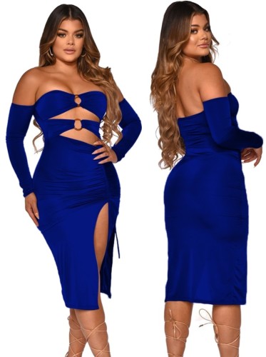 Blue Cut Out Off Shoulder O-Ring Side Slit Midi Dress