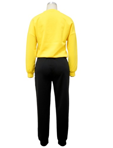 Print Yellow Long Sleeves Shirt and Black Sweatpants 2PCS Set