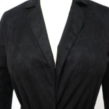 Black Turndown Collar Blazer and Ruched Mini Skirt 2PCS Set