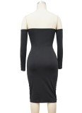 Black Cut Out Off Shoulder O-Ring Side Slit Midi Dress