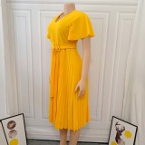 Yellow V-Neck Short Sleeve Pleated Office Dress with Belt