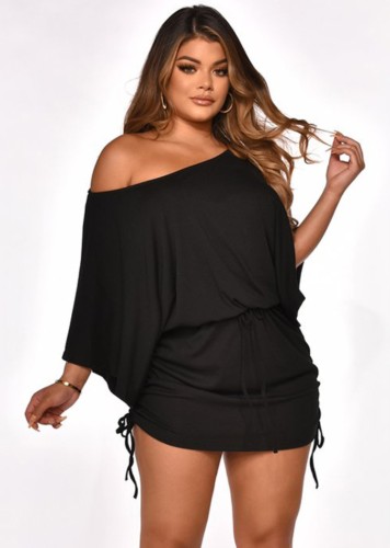 Black Oblique Shoulder Bat Sleeves Drawstring Mini Dress